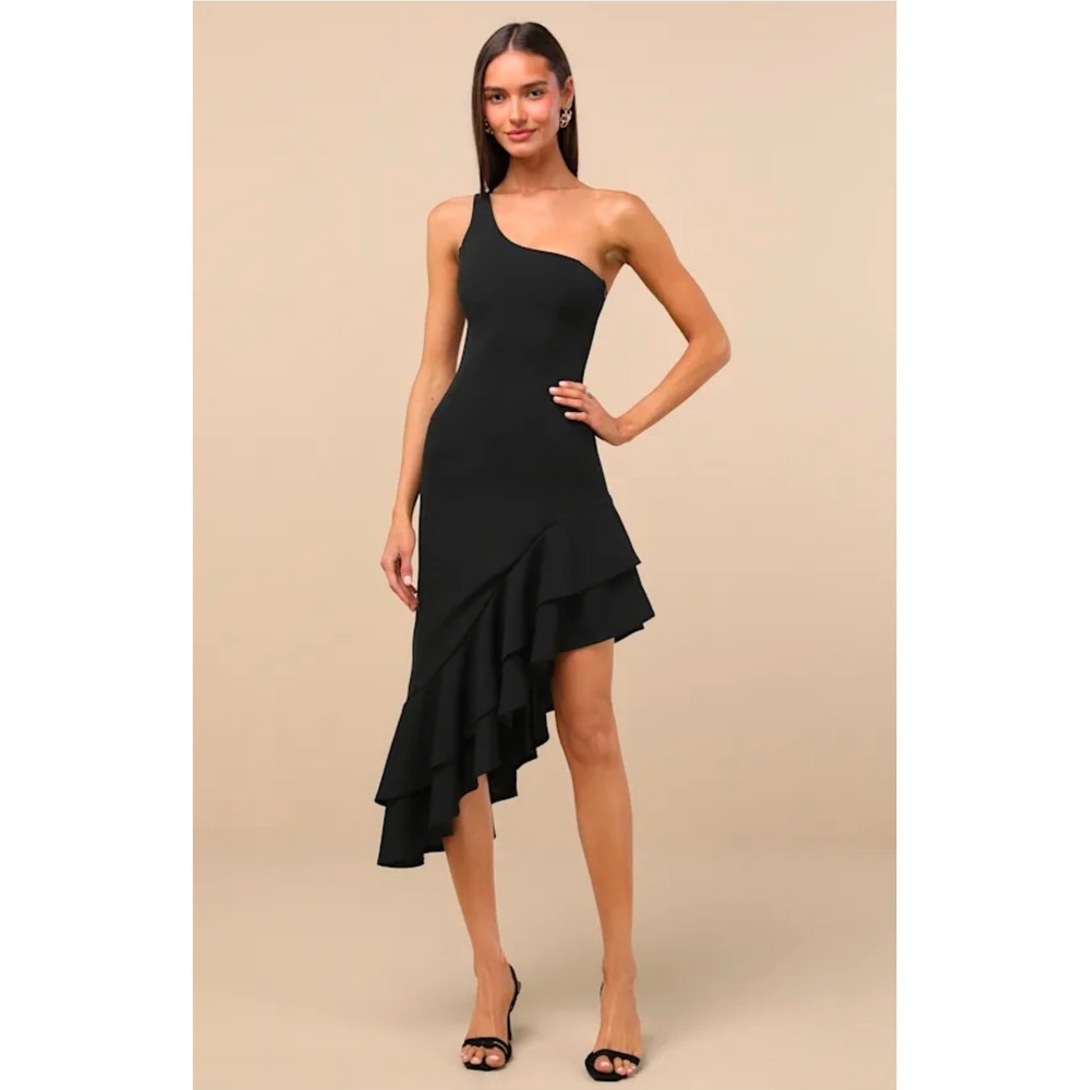 Lulus Women Medium Steal A Glance Black Midi Dress One Shoulder Assymetrical